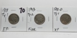 3 Buffalo Nickels: 1913 Ty 1 EF, 1913 Ty 2 Fine, 1913D Ty 1 VF