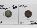 2 Type Seated Liberty Dimes: 1840 No Drapery G, 1853 AR VG+ obv scratches