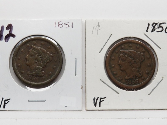 2 Braided Hair Large Cents VF: 1851, 1856
