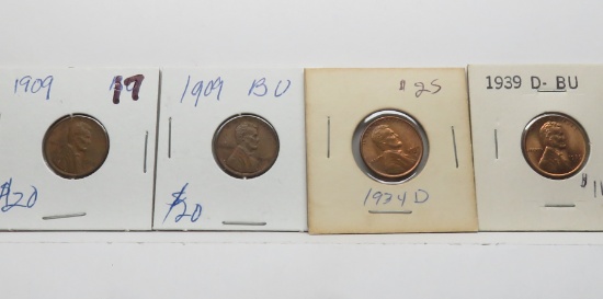 4 Unc-BU Lincoln Cents: 2-1909, 1934D, 1939D