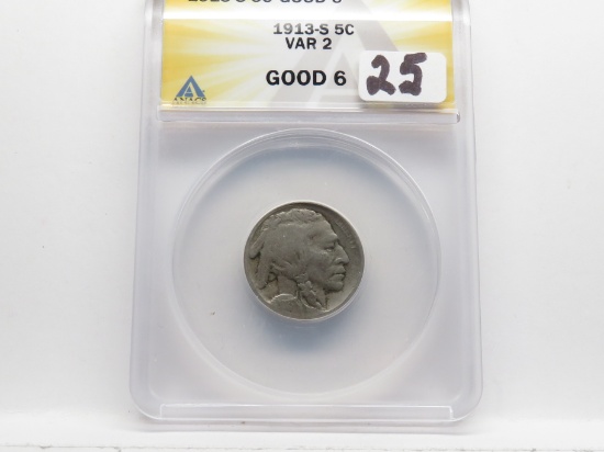 Buffalo Nickel 1913S Var 2 ANACS Good 6, Semi-Key