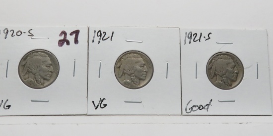 3 Buffalo Nickels: 1920S VG, 1921 VG, 1921S G better date