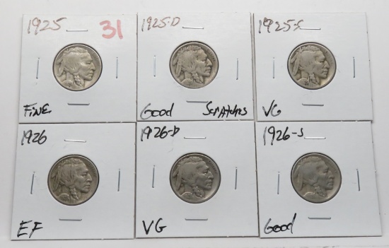 6 Buffalo Nickels: 1925 F, 25D G scratches, 25S VG, 26 EF, 26D VG, 26S G