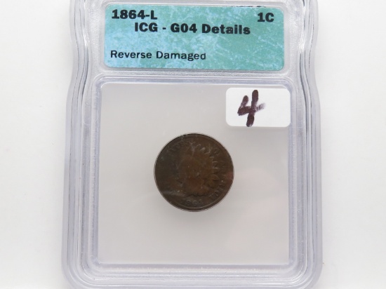 Indian Cent 1864L ICG G4 reverse damaged better date