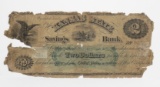 1800's Obsolete $2 Wyandotte KS, Kansas State Savings Bank, No. 932, Poor