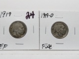 2 Buffalo Nickels: 1919 EF, 1919D Fine