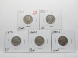 5 Buffalo Nickels: 1923 F, 1923S VG, 1924 VF, 1924D F, 1924S G
