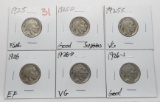 6 Buffalo Nickels: 1925 F, 25D G scratches, 25S VG, 26 EF, 26D VG, 26S G