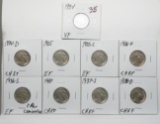 9 Buffalo Nickels: 1934 VF, 34D CH EF, 35 EF, 35S EF, 36D CH EF, 36S EF ?rev lamination, 37 CH EF, 3