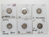 6 Seated Liberty Dimes: 1875 partial hole Fair, 1875 VG+, 1875CC G damage, 1877CC VF damage bent, 18