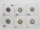 6 Barber Dimes: 1893 AG, 93S G/AG, 98 Fair, 1900-O G/AG, 2-1913 Good