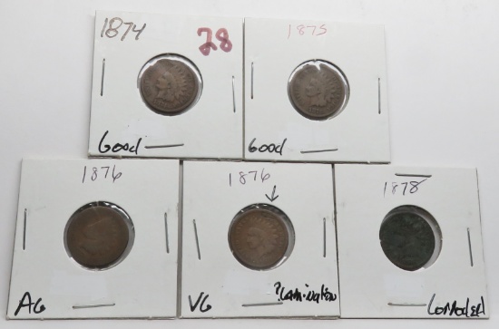 5 Indian Cents: 1874 G, 1875 G, 1876 VG ?lamination, 1876 AG, 1878 corroded