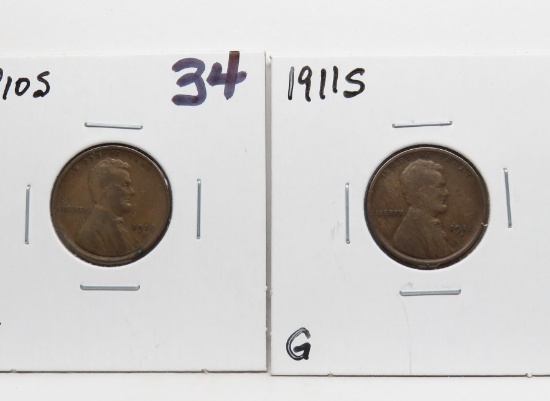 2 Lincoln Cents: 1910S F, 1911S G