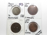 4 Coin Mix: Prussia 1814A 1/6 Reichsthaler .5345 Silver; 1831 Spain 8 Maravedis; 1856 Napoleon III C