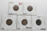 5 Indian Cents: 1874 G, 1875 G, 1876 VG ?lamination, 1876 AG, 1878 corroded