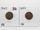 2 Lincoln Cents: 1914S VG, 1915S VG