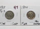 2 Buffalo Nickels Type 2: 1913 Fine corrosion, 1914 F obv scrs