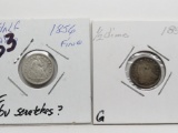 2 Seated Liberty Half Dimes: 1856 Fine ?obv scratches, 1857 G