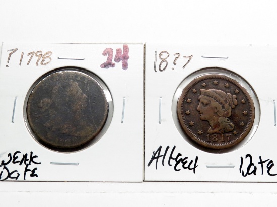 2 Large Cents: ?1798 weak date, 18?7 altered date