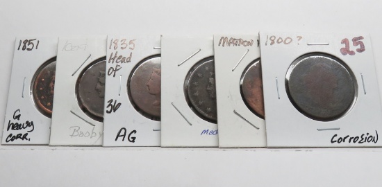 6 Large Cents, some problems: Draped Bust ?1800, Matron Head 1817, 1832 med ltr VG, 1835 Head of 36