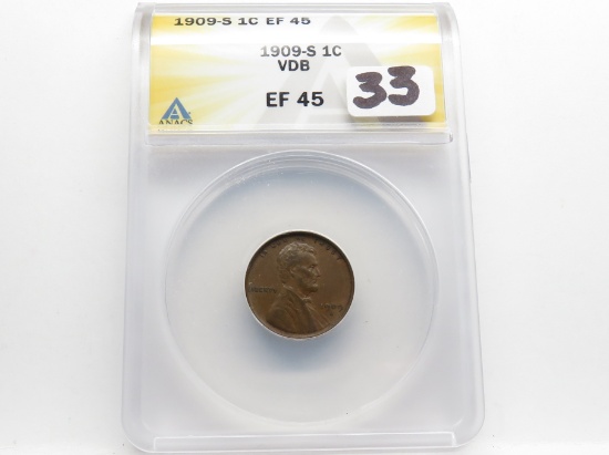 Lincoln Cent 1909S VDB ANACS EF45, Key Date