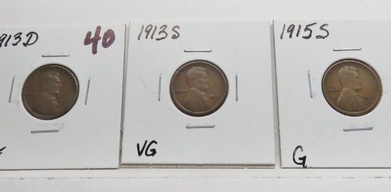 3 Lincoln Cents: 1913D VF, 1913S VG, 1915S G