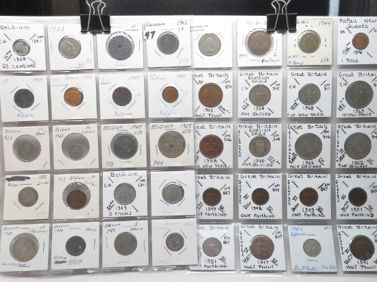 100 World Coins in 2x2 pgs, asst denominations: France, Malta, Bolivia, Iraq, Iran, Angola, Bosnia,