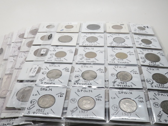 100 World Coins in 2x2 pgs, asst denominations: Japan, Belgium, Fiji, Australia, Spain, Great Britai