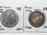 2 Silver World Coins: Maria Theresa Thaler Restrike 1780 Austria, .833S; Prussia 1914A  .900 Silver