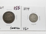 2 Type Coins: 2 Cent 1867 VG corrosion, Nickel 3 Cent 1874 VG+