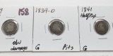 3 Half Dimes: Capped Bust 1837 Large 5 G obv damage; 2 Seated (1839-O G pits, 1841 G)