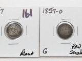 2 Seated Half Dimes: 1857 G bent, 1857-O G rev scratches