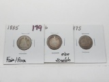 3 Seated Liberty Dimes: 1885 Fair/Poor, 1886 F obv scratch, 1887S G