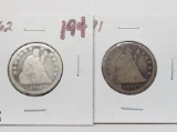 2 Seated Liberty Quarters: 1862 VG, 1891 G