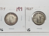 2 Standing Liberty Quarters: 1919 VG, 1923? VG