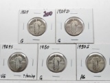 5 Standing Liberty Quarters: 1929 G, 29D G, 29S VG ?toning, 30 G, 30S AG