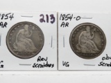 2 Seated Liberty Half $: 1854 AR G rev scratches, 1854-O AR VG obv scratches