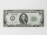 $100 FRN 1934 KC, SN J00358020A, CU+, light green seal