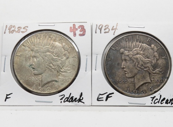 2 Peace $: 1928S F ?dark, 1934 EF ?cleaned