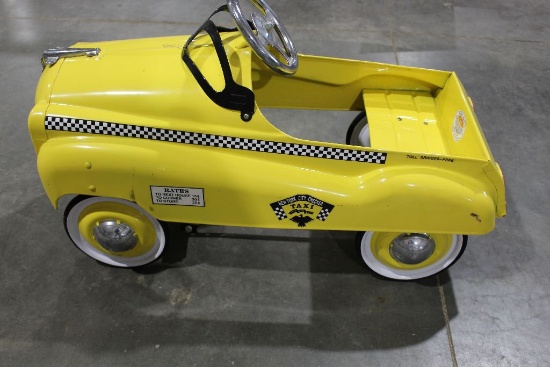 Burns pedal car, New York City Checker Cab, 35" long x 14" wide x 16" high,