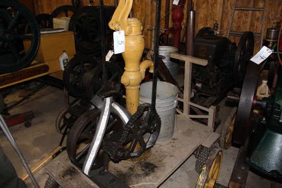 Pohlman gas engine, crooked gear, pump jack on cart, with water pump.