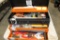 J.C Penney tool box  with pipe strap, wrenches, orings, etc.