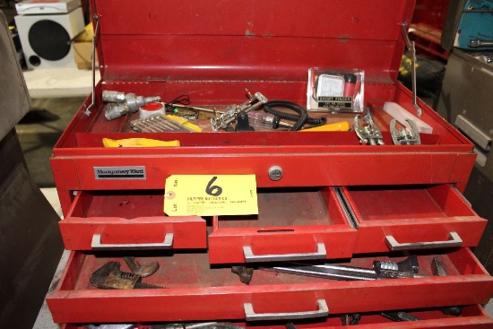 Montgomery Ward tool box with pipe wrenches, short finder, battery tools, o