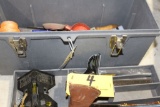 Tuff-Box tool box with hatchets, squares, string line, hand drill, etc.