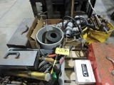 Pallet of misc tools, boxes, 60amp plugs, hydraulic hose.