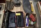 Pallet tool box, hammers, files, seat, misc.