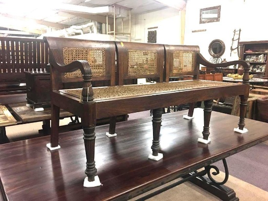 WOOD AND CANE BENCH