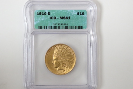 1910 D $10 Gold Coin, Indian Head Eagle