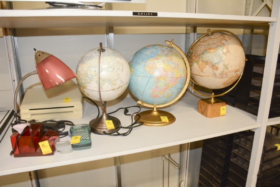 3 GLOBES, DESK LIGHT, LABEL MAKER, PAPER FOLDER