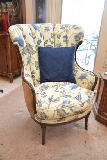 Blue Floral Pattern Wingback Chair